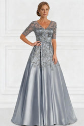 Dreamyannie Light Grey Floral A Line Satin Floor Length Mother Of The Bride Drees With Lace
