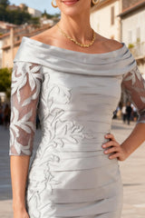 Dreamyannie Light Grey Satin Bodycon Ruched Midi Mother Of The Bride Dress With Appliques
