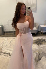 Dreamyannie Light Pink Prom Dress Corset Tulle Long Formal Dress With Slit