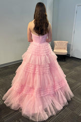 Dreamyannie Light Pink Prom Dress Tiered A-Line One Shoulder Long Evening Dress