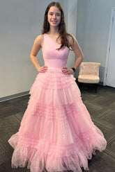 Dreamyannie Light Pink Prom Dress Tiered A-Line One Shoulder Long Evening Dress