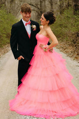 Dreamyannie Light Pink Prom Dress Tulle Tiered A-Line Sweetheart Long Evening Dress