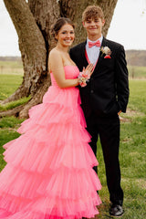 Dreamyannie Light Pink Prom Dress Tulle Tiered A-Line Sweetheart Long Evening Dress