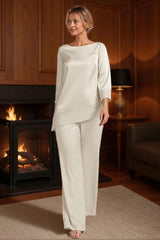 Dreamyannie Light Pink Satin Boat Neck 2 Piece Mother Of The Bride Pant Suits With Sleeves