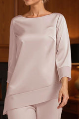 Dreamyannie Light Pink Satin Boat Neck 2 Piece Mother Of The Bride Pant Suits With Sleeves