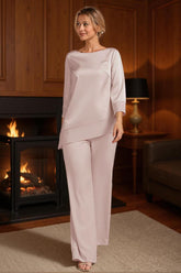Dreamyannie Light Pink Satin Boat Neck 2 Piece Mother Of The Bride Pant Suits With Sleeves