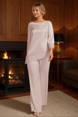 Dreamyannie Light Pink Satin Boat Neck 2 Piece Mother Of The Bride Pant Suits With Sleeves