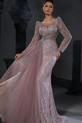 Dreamyannie Light Purple Prom Dress Mermaid Crew Beaded Sleeves Tulle Panel Train Formal Dress