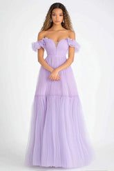 Dreamyannie Lilac A Line Off The Shoulder Tulle Long Formal Dress