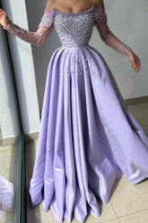 Dreamyannie Lilac Prom Dress A Line Off The Shoulder Rhinestones Satin Pearls Evening Dress