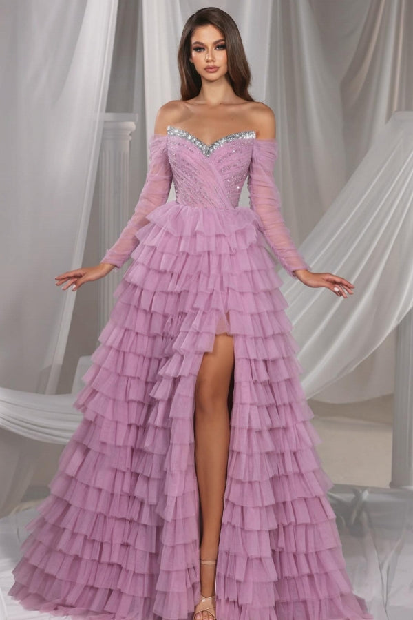 Dreamyannie Lilac Prom Dress A Line Off The Shoulder Sequined Tulle Evening Dress With Slit