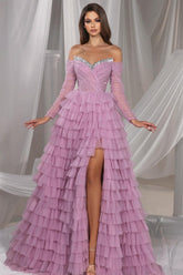Dreamyannie Lilac Prom Dress A Line Off The Shoulder Sequined Tulle Evening Dress With Slit