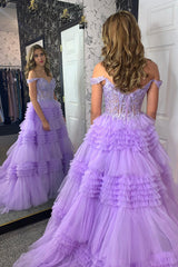 Dreamyannie Lilac Prom Dress A-Line Ruffled Corset Long Evening Dress