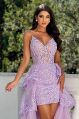 Dreamyannie Lilac Prom Dress A Line Spaghetti Strap Sleeveless Lace Panel Train Hi Lo Tulle Formal Dress With Appliques
