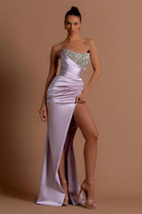 Dreamyannie Lilac Prom Dress Column Strapless Sequined Beading Formal Dress With Slit