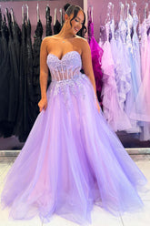 Dreamyannie Lilac Prom Dress Floral A-Line Sweetheart Long Evening Dress With Slit