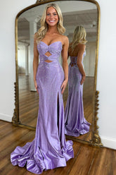 Dreamyannie Lilac Prom Dress Hollow Out Sweetheart Formal Dress With Slit