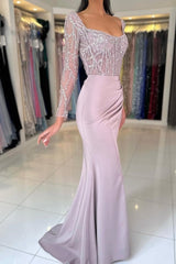 Dreamyannie Lilac Prom Dress Mermaid Square Sleeves Sequined Satin Formal Dress With Slit