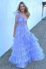 Dreamyannie Lilac Prom Dress Tiered A-Line One Shoulder Long Evening Dress