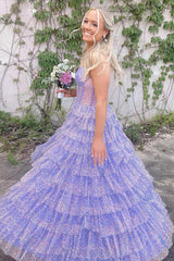 Dreamyannie Lilac Prom Dress Tiered A-Line Spaghetti Straps Long Evening Dress With Slit