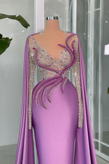 Dreamyannie Lilac Prom Dress V Neck Portrait Beading Satin Sleeve Lace Evening Formal Dress