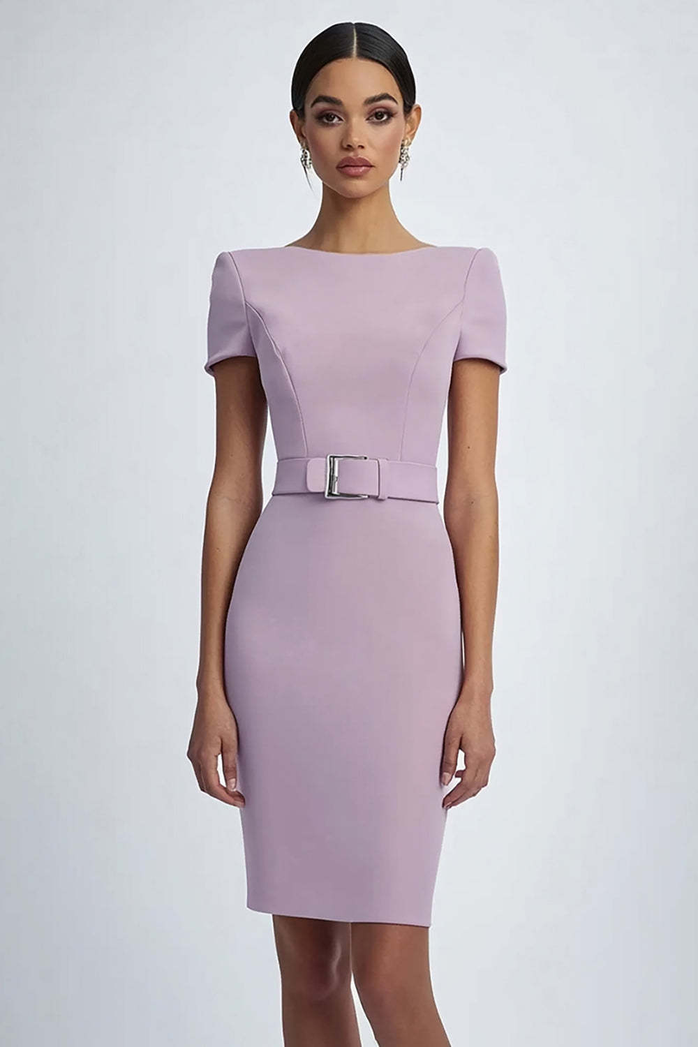 Dreamyannie Lilac Sheath Crepe Formal Dress With Belt