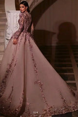 Dreamyannie Long Sleeves Prom Dress V Neck Beaded Tulle Formal Dress With Detachable Panel Train