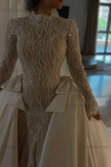Dreamyannie Luxury Long Sleeve Wedding Dress Beaded Mermaid High Neck Bridal Gown with Detachable Train