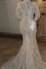 Dreamyannie Luxury Long Sleeve Wedding Dress Beaded Mermaid High Neck Bridal Gown with Detachable Train
