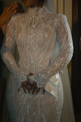 Dreamyannie Luxury Long Sleeve Wedding Dress Beaded Mermaid High Neck Bridal Gown with Detachable Train