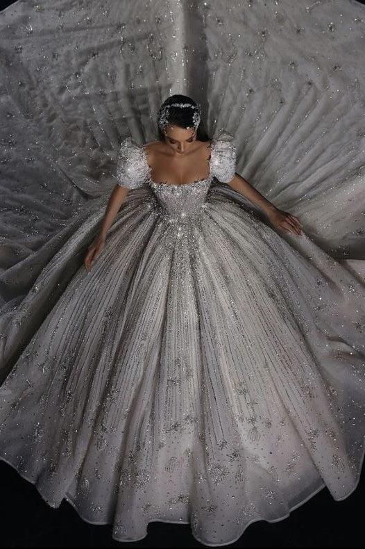 Dreamyannie Luxury Short Sleeve Wedding Dress Ball Gown Square Neck Bridal Gown with Beadings and Rhinestones