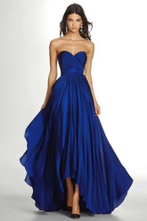 Dreamyannie Maxi A Line Royal Blue Wedding Guest Dress Pleated Asymmetric Chiffon Strapless Formal Dress