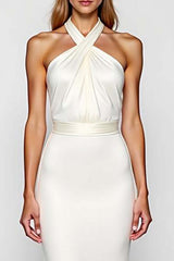 Dreamyannie Mermaid Backless White Halter Long Formal Dress