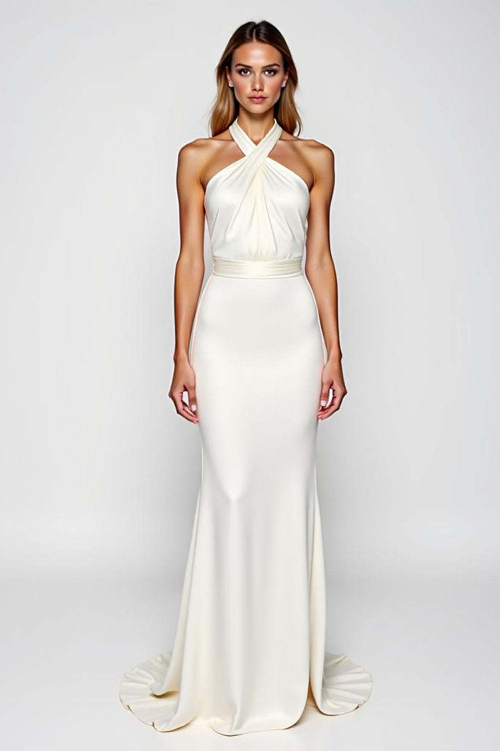 Dreamyannie Mermaid Backless White Halter Long Formal Dress