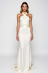 Dreamyannie Mermaid Backless White Halter Long Formal Dress