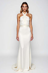 Dreamyannie Mermaid Backless White Halter Long Formal Dress