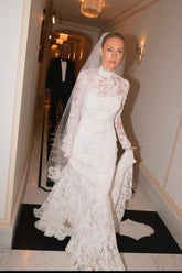 Dreamyannie Mermaid Beach Wedding Dress Long Sleeve High Neck Lace Bridal Gown
