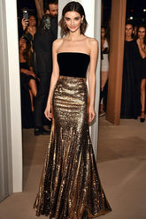 Dreamyannie Mermaid Black Wedding Guest Dress Golden Strapless Formal Dress
