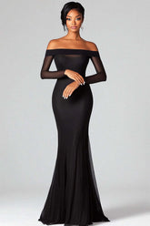 Dreamyannie Mermaid Black Wedding Guest Dress Off The Shoulder Formal Dress With Mesh Long Sleeves