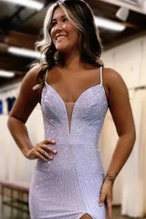 Dreamyannie Mermaid Blue Prom Dress Spaghetti Straps Long Evening Dress With Slit