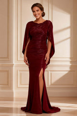 Dreamyannie Mermaid Burgundy Boat Neck Long Mother Of The Bride Dress With Slit