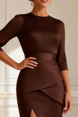Dreamyannie Mermaid Chocolate Satin Round Neck Long Mother Of The Bride Dress With Slit
