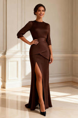 Dreamyannie Mermaid Chocolate Satin Round Neck Long Mother Of The Bride Dress With Slit