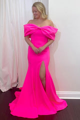 Dreamyannie Mermaid Fuchsia Prom Dress Off The Shoulder Long Evening Dress With Slit