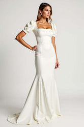 Dreamyannie Mermaid Ivory Square Neck Crepe Long Formal Dress With Puff Sleeves