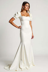 Dreamyannie Mermaid Ivory Square Neck Crepe Long Formal Dress With Puff Sleeves