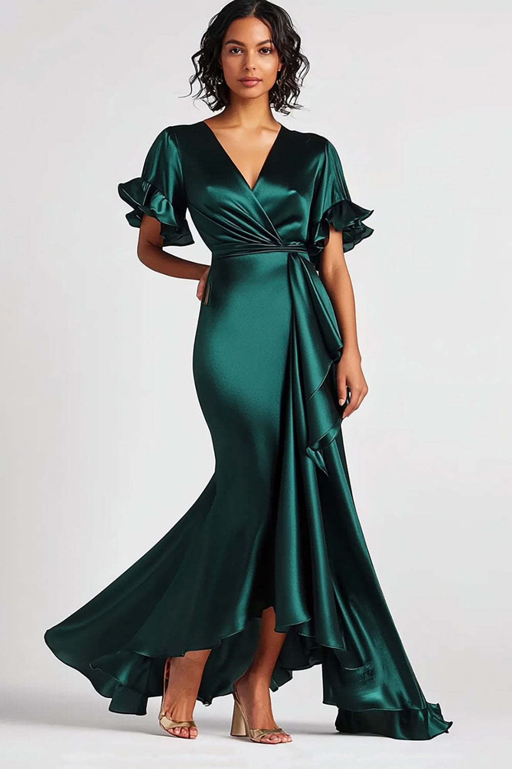 Dreamyannie Mermaid Long Dark Green Wedding Guest Dress Satin Formal Dress With Short Sleeves