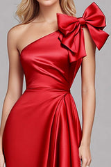 Dreamyannie Mermaid Long Red Wedding Guest Dress One Shoulder Satin Formal Dress With Bow