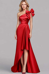 Dreamyannie Mermaid Long Red Wedding Guest Dress One Shoulder Satin Formal Dress With Bow