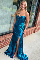 Dreamyannie Mermaid Metallic Turquoise Prom Dress Strapless Long Formal Dress With Slit